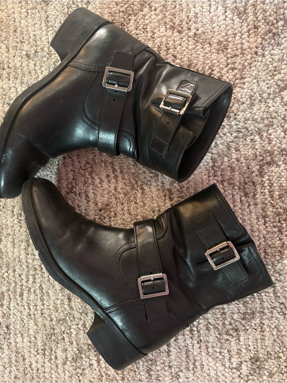 Prada Black Leather Buckle Moto Combat Boots